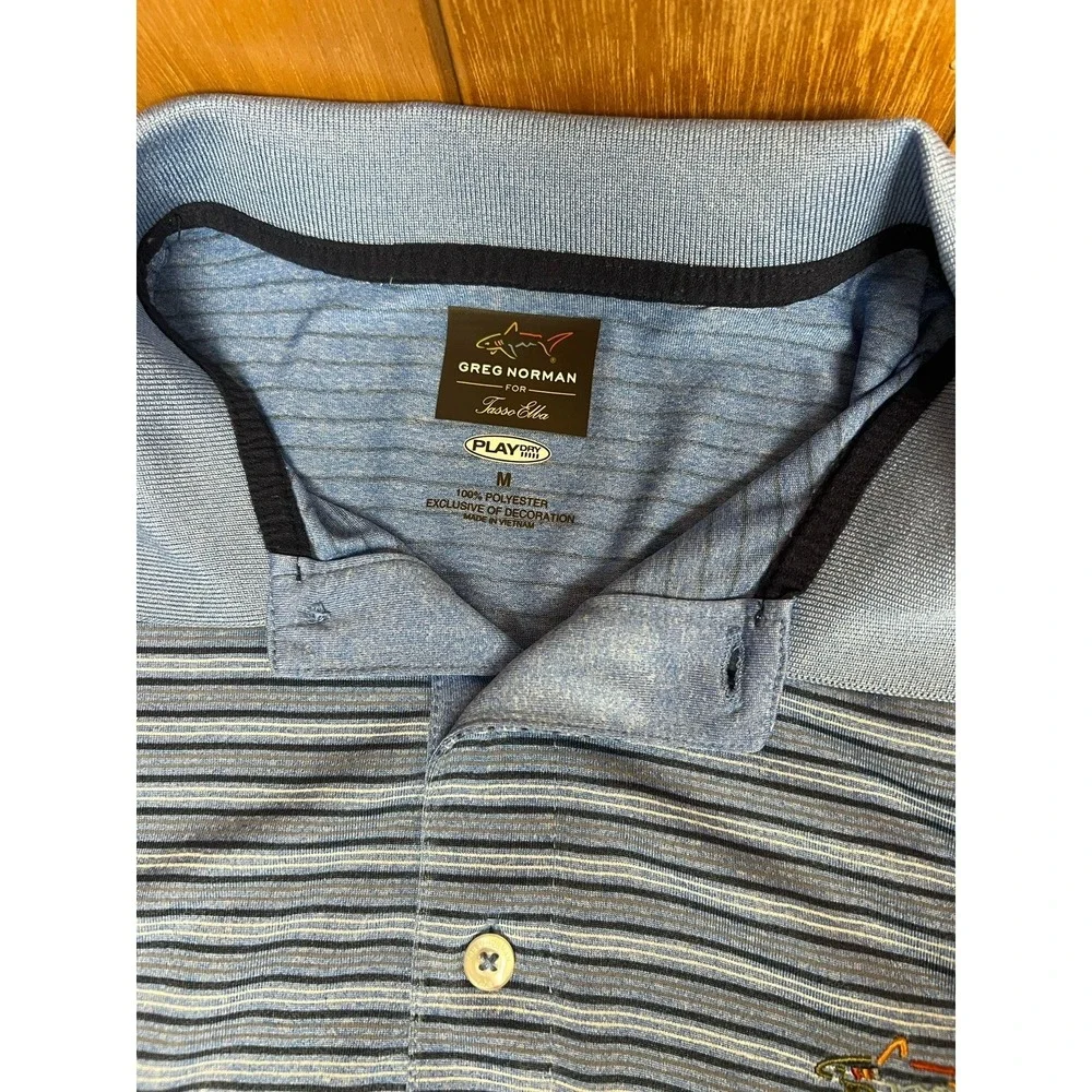 Greg Norman Play Dry Golf Blue White Striped Men's Polo Shirt Size M Lightweight